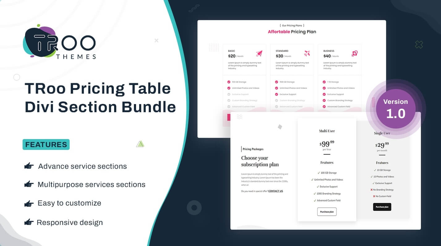 TRoo Divi Pricing Table Section Bundle